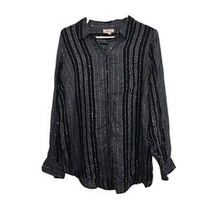 Style & Co Shirt Top Plus Size 0X Long Sleeve Sequin Stripe Button Down Black